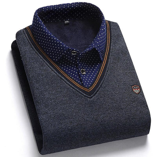 Herren Fleece-Patchwork-Strickpullover in Fake-Zwei-Stück-Optik