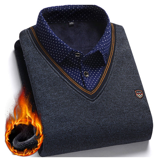 Herren Fleece-Patchwork-Strickpullover in Fake-Zwei-Stück-Optik