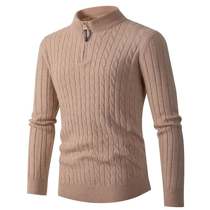 Chandail pour hommes en tricot torsadé, demi-zip, de couleur unie, à col montant
